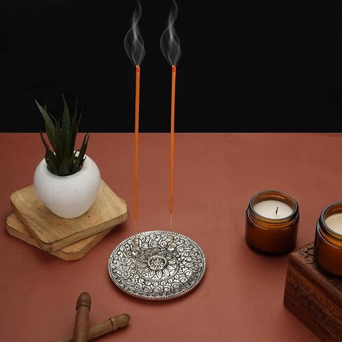Ajuny Aluminium Silver Round Incense Holder with Ash Catcher for Sticks-Handmade Polished Incense Plate -Tibetan Style Flower Design 10 cm Incense Holder Meditation Accessories Spiritual in Saudi Arabia