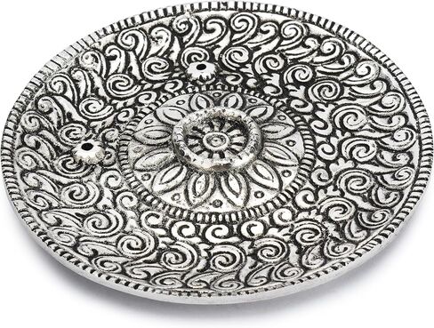 Ajuny Aluminium Silver Round Incense Holder with Ash Catcher for Sticks-Handmade Polished Incense Plate -Tibetan Style Flower Design 10 cm Incense Holder Meditation Accessories Spiritual in Saudi Arabia