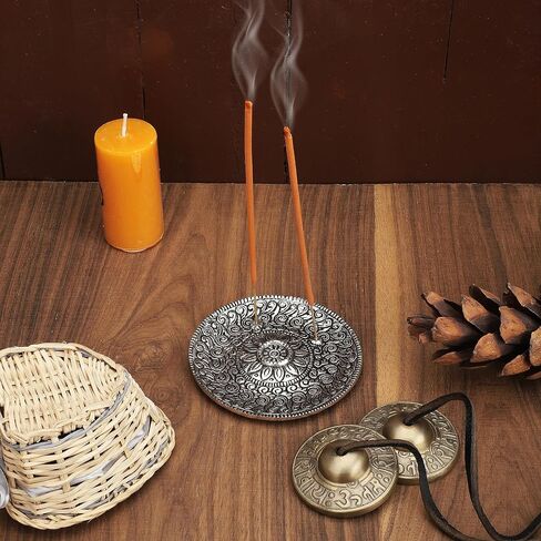 Ajuny Aluminium Silver Round Incense Holder with Ash Catcher for Sticks-Handmade Polished Incense Plate -Tibetan Style Flower Design 10 cm Incense Holder Meditation Accessories Spiritual in Saudi Arabia