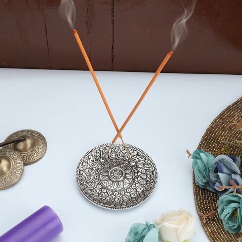 Ajuny Aluminium Silver Round Incense Holder with Ash Catcher for Sticks-Handmade Polished Incense Plate -Tibetan Style Flower Design 10 cm Incense Holder Meditation Accessories Spiritual in Saudi Arabia