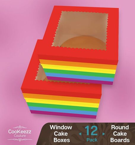 CooKeezz Couture - برايد - صندوق كيك مع نافذة مقاس 12 × 12 × 5 بوصة، اعرض الكعك والكب كيك والفطائر والبسكويت وغيرها من الهدايا الصغيرة في صندوق الكيك الأوتوماتيكي الخاص بنا - يتضمن 12 لوح كيك مستدير in Kuwait