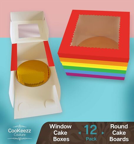 CooKeezz Couture - برايد - صندوق كيك مع نافذة مقاس 12 × 12 × 5 بوصة، اعرض الكعك والكب كيك والفطائر والبسكويت وغيرها من الهدايا الصغيرة في صندوق الكيك الأوتوماتيكي الخاص بنا - يتضمن 12 لوح كيك مستدير in Kuwait