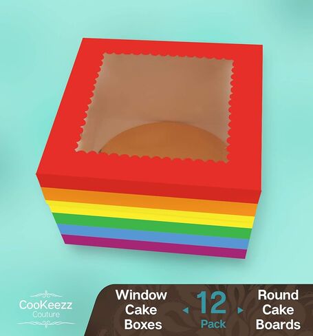 CooKeezz Couture - برايد - صندوق كيك مع نافذة مقاس 12 × 12 × 5 بوصة، اعرض الكعك والكب كيك والفطائر والبسكويت وغيرها من الهدايا الصغيرة في صندوق الكيك الأوتوماتيكي الخاص بنا - يتضمن 12 لوح كيك مستدير in Kuwait