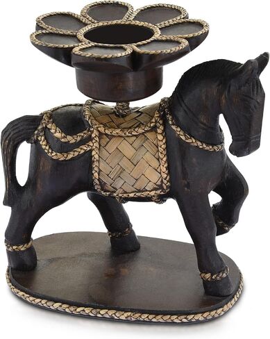 Vintage Horse and Rattan Lotus Carved Rain Tree Wooden Tealight Candle Holder | Wooden Horse Candle Holder Home Decor | Horse Wooden Statues and Candle Holder in Saudi Arabia