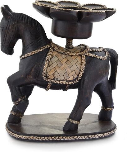 Vintage Horse and Rattan Lotus Carved Rain Tree Wooden Tealight Candle Holder | Wooden Horse Candle Holder Home Decor | Horse Wooden Statues and Candle Holder in Saudi Arabia