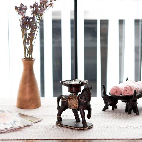 Vintage Horse and Rattan Lotus Carved Rain Tree Wooden Tealight Candle Holder | Wooden Horse Candle Holder Home Decor | Horse Wooden Statues and Candle Holder in Saudi Arabia