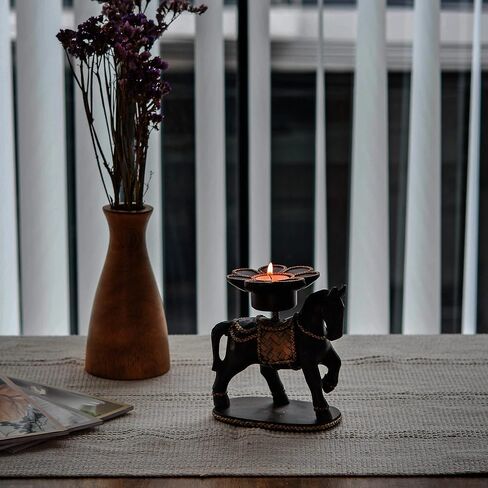 Vintage Horse and Rattan Lotus Carved Rain Tree Wooden Tealight Candle Holder | Wooden Horse Candle Holder Home Decor | Horse Wooden Statues and Candle Holder in Saudi Arabia
