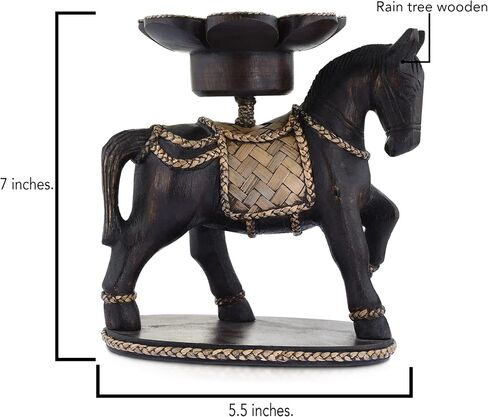 Vintage Horse and Rattan Lotus Carved Rain Tree Wooden Tealight Candle Holder | Wooden Horse Candle Holder Home Decor | Horse Wooden Statues and Candle Holder in Saudi Arabia
