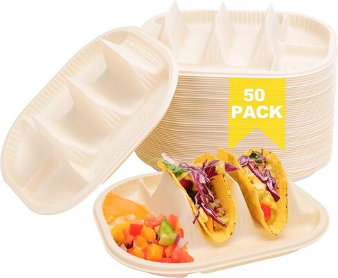 50 Pcs Small Disposable Taco Plates for Party, Cornstarch Taco Holders with 2 Dipping Areas, Hold for 2 Tacos, Square Fiesta Taco Trays for Taco Night, Microwave Safe in Saudi Arabia