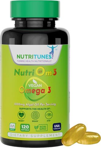 NutriOm3 نباتي أوميغا 3 (120 كبسولة هلامية) - مكمل أوميغا 3 من الطحالب مع DHA وEPA لصحة الدماغ والعين والقلب - جيلاتين نباتي غير معدل وراثيًا - كمية تكفي 60 يومًا in Saudi Arabia