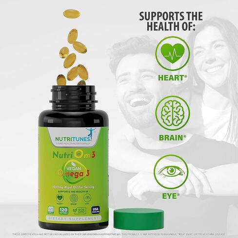 NutriOm3 نباتي أوميغا 3 (120 كبسولة هلامية) - مكمل أوميغا 3 من الطحالب مع DHA وEPA لصحة الدماغ والعين والقلب - جيلاتين نباتي غير معدل وراثيًا - كمية تكفي 60 يومًا in Saudi Arabia
