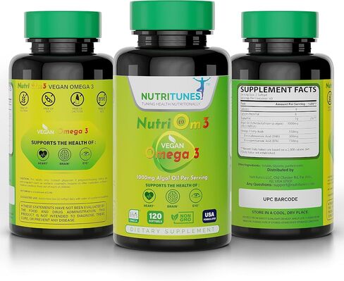 NutriOm3 نباتي أوميغا 3 (120 كبسولة هلامية) - مكمل أوميغا 3 من الطحالب مع DHA وEPA لصحة الدماغ والعين والقلب - جيلاتين نباتي غير معدل وراثيًا - كمية تكفي 60 يومًا in Saudi Arabia