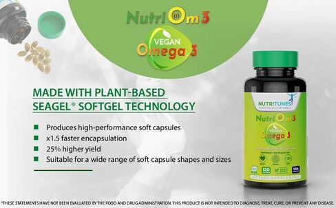 NutriOm3 نباتي أوميغا 3 (120 كبسولة هلامية) - مكمل أوميغا 3 من الطحالب مع DHA وEPA لصحة الدماغ والعين والقلب - جيلاتين نباتي غير معدل وراثيًا - كمية تكفي 60 يومًا in Saudi Arabia
