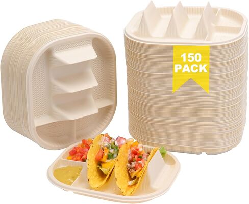 50 Pcs Small Disposable Taco Plates for Party, Cornstarch Taco Holders with 2 Dipping Areas, Hold for 2 Tacos, Square Fiesta Taco Trays for Taco Night, Microwave Safe in Saudi Arabia