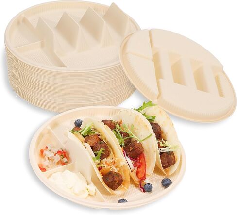 50 Pcs Small Disposable Taco Plates for Party, Cornstarch Taco Holders with 2 Dipping Areas, Hold for 2 Tacos, Square Fiesta Taco Trays for Taco Night, Microwave Safe in Saudi Arabia