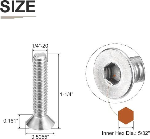1/4-20 × 1-1/4 بوصة براغي ذات رأس مسطح، 25 حزمة 304 براغي سداسية من الفولاذ المقاوم للصدأ ذات رأس مسطح، خيط كامل، مسامير غاطسة in Saudi Arabia