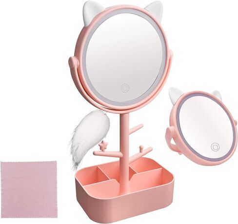 Cat shape cute lighted LED makeup vanity mirror with lights, 3 dimmable color lighting mode on tabletop mirror,2 in 1 standing brighting mirror for travels-gift packaging in Saudi Arabia