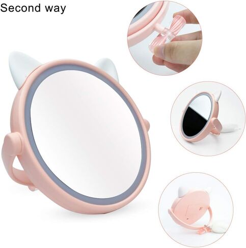 Cat shape cute lighted LED makeup vanity mirror with lights, 3 dimmable color lighting mode on tabletop mirror,2 in 1 standing brighting mirror for travels-gift packaging in Saudi Arabia