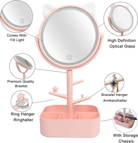 Cat shape cute lighted LED makeup vanity mirror with lights, 3 dimmable color lighting mode on tabletop mirror,2 in 1 standing brighting mirror for travels-gift packaging in Saudi Arabia