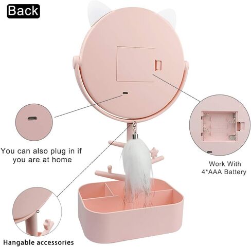 Cat shape cute lighted LED makeup vanity mirror with lights, 3 dimmable color lighting mode on tabletop mirror,2 in 1 standing brighting mirror for travels-gift packaging in Saudi Arabia