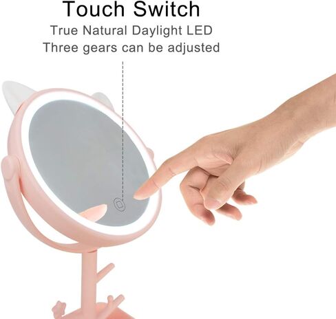 Cat shape cute lighted LED makeup vanity mirror with lights, 3 dimmable color lighting mode on tabletop mirror,2 in 1 standing brighting mirror for travels-gift packaging in Saudi Arabia