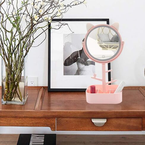 Cat shape cute lighted LED makeup vanity mirror with lights, 3 dimmable color lighting mode on tabletop mirror,2 in 1 standing brighting mirror for travels-gift packaging in Saudi Arabia