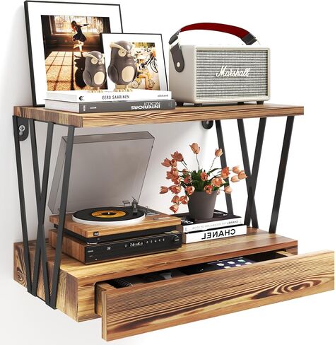 Floating Nightstand with Drawer, Natural Wooden Floating Side Table Wall Shelves with W Shape, 3 Tier Farmhouse Geometric Shelf Wall Mounted in Bedroom, Living Room,Bathroom, Carbonized Black in Saudi Arabia