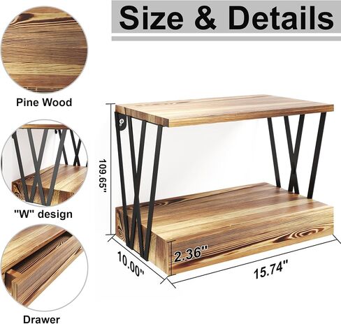 Floating Nightstand with Drawer, Natural Wooden Floating Side Table Wall Shelves with W Shape, 3 Tier Farmhouse Geometric Shelf Wall Mounted in Bedroom, Living Room,Bathroom, Carbonized Black in Saudi Arabia