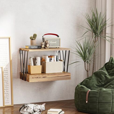 Floating Nightstand with Drawer, Natural Wooden Floating Side Table Wall Shelves with W Shape, 3 Tier Farmhouse Geometric Shelf Wall Mounted in Bedroom, Living Room,Bathroom, Carbonized Black in Saudi Arabia