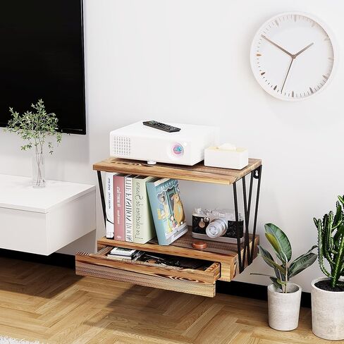 Floating Nightstand with Drawer, Natural Wooden Floating Side Table Wall Shelves with W Shape, 3 Tier Farmhouse Geometric Shelf Wall Mounted in Bedroom, Living Room,Bathroom, Carbonized Black in Saudi Arabia