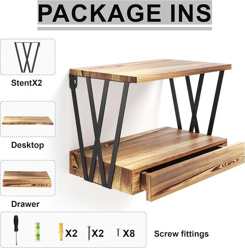 Floating Nightstand with Drawer, Natural Wooden Floating Side Table Wall Shelves with W Shape, 3 Tier Farmhouse Geometric Shelf Wall Mounted in Bedroom, Living Room,Bathroom, Carbonized Black in Saudi Arabia