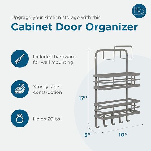 منظم باب الخزانة هوني كان دو مع سلتين و5 خطافات، يتم تعليقه على الحائط على باب الخزانة لتنظيم المطبخ أو الحمام، رمادي in Kuwait