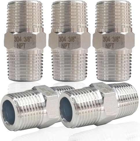 ZOUNI 5PCS Hex Nipple 3/8" Male x 3/8" Male Pipe Fittings, 304 Stainless Steel NPT 3/8 inch Male Threaded Pipe Adapter Fittings Equal Nipples Connectors, Male Straight Connector Pipe Fitting in Saudi Arabia