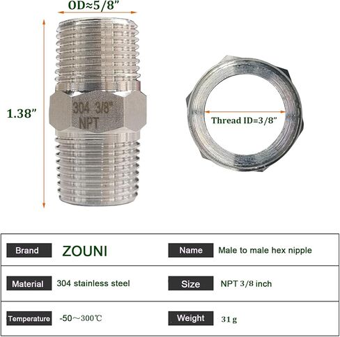 ZOUNI 5PCS Hex Nipple 3/8" Male x 3/8" Male Pipe Fittings, 304 Stainless Steel NPT 3/8 inch Male Threaded Pipe Adapter Fittings Equal Nipples Connectors, Male Straight Connector Pipe Fitting in Saudi Arabia