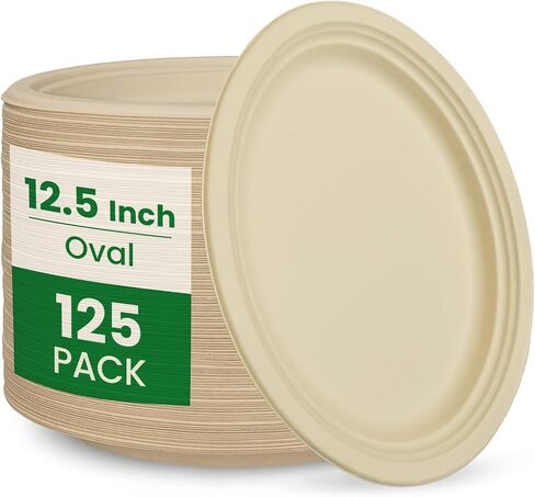12.5 Inch Compostable Oval Plates [125-Value Pack] - Sustainable and Heavy-Duty Compostable Paper Plates, Natural Sugarcane Bagasse Biodegradable Plates, Natural Brown in Kuwait