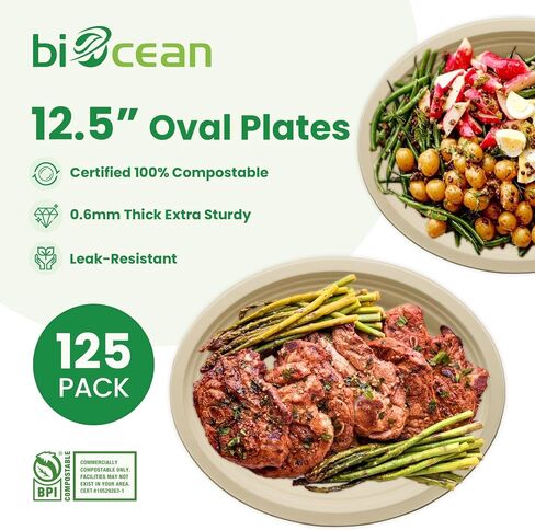 12.5 Inch Compostable Oval Plates [125-Value Pack] - Sustainable and Heavy-Duty Compostable Paper Plates, Natural Sugarcane Bagasse Biodegradable Plates, Natural Brown in Kuwait