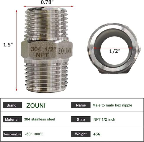ZOUNI 5PCS Hex Nipple 3/8" Male x 3/8" Male Pipe Fittings, 304 Stainless Steel NPT 3/8 inch Male Threaded Pipe Adapter Fittings Equal Nipples Connectors, Male Straight Connector Pipe Fitting in Saudi Arabia