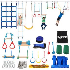 FAHKNS Ninja Warrior Obstacle Course for Kids, 65 FT Durable Slackline with 11 Obstacles-Swings, Monkey Bars, Arm Trainers and More, Weatherproof Outdoor Obstacle Course for Backyard,3+ Years Old