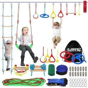 FAHKNS Ninja Warrior Obstacle Course for Kids, 65 FT Durable Slackline with 11 Obstacles-Swings, Monkey Bars, Arm Trainers and More, Weatherproof Outdoor Obstacle Course for Backyard,3+ Years Old