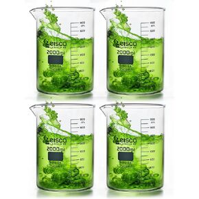EISCO 4PK Beakers, 2000ml - Low Form with Spout - White, 100ml Graduations - Borosilicate 3.3 Glass
