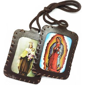 Scapular of The Sacred Heart of Jesus, Sacred Virgin of Carmen, Sacred Virgin of Guadalupe & St. Michael Arcangel. Leather Finish Handmade. 8,5cm x 10,5cm by Zaraleas (Brown)