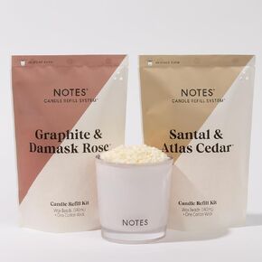 NOTES Sustainable Candle Kit | Non-Toxic Fragrance, Natural Wax Beads, Wick, and a refillable Vessel - Graphite & Damask Rose + Santal & Atlas Cedar