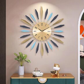 Lafocuse 23 Inch Silent Metal Mid Century Wall Clocks for Living Room Decor, Colorful Leaf Sunburst Starburst Large Wall Clock Battery Operated Mordern Art Deco Kitchen Office