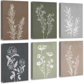 Drsoum Botanical Wall Art Framed Boho Wall Art Decor Wooded Minimalist Vintage Print Modern Rustic Farmhouse Home Kitchen Decor 8x10inx6pcs