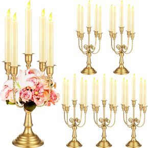 Hushee 6 Pcs Gold Candelabra Candle Stand Metal Candlestick Holder 5 Arm 12" Wedding Candlestick Holder for Theme Party Table Centerpieces Wedding Holiday Birthday Party