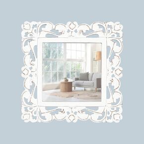 Handcarved Wall Mirror Decoration, Rustic Wood White Country Boho Mirror, Used for Room Decoration, Entryway, Home Decoration, Bedroom, Living Room, Bathroom - Square 14x14 Inch - White Antique