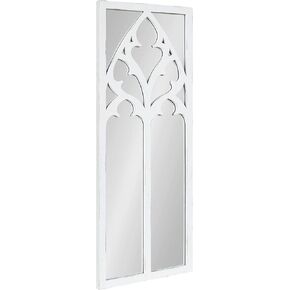 Kate and Laurel Dutchess Farmhouse Wood Framed Windowpane Arched Mirror, 14 x 36, White, Decorative Mirror with Window Inspired Fretwork Overlay for Rustic Home Decor