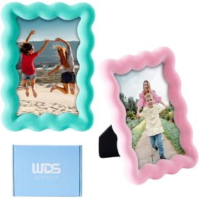 WDS WONDROUS 2 PCS 3x5 إطارات صور متموجة لسطح الطاولة، مجموعة إطار صور واقفة صغيرة باللونين الوردي والأخضر للبطاقات البريدية اللطيفة للأطفال، ديكورات زفاف للأصدقاء، معرض مكتب عرض غرفة المعيشة in Kuwait