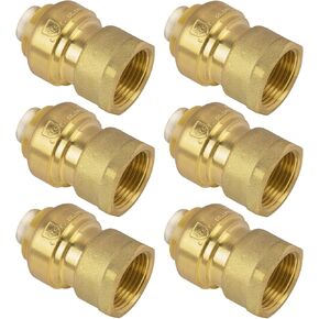1/2" x 1/2" NPT Female Adapter for PEX, Copper, CPVC Pipe, Push to Connect Brass Plumbing Fitting with Upgraded Stiffener (6 Pack)