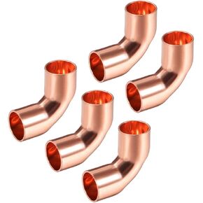 uxcell 9.53mm ID 90 Degree Copper Elbow Short-Turn Copper Pipe Fitting Connector with Two Cups for Sweat Connection 5pcs